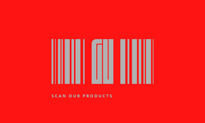 Premade barcode logo initials monogram  silver modern bar code on red background