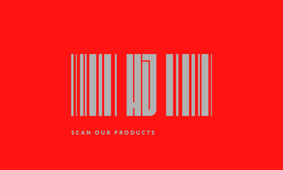 Premade barcode logo initials monogram  silver modern bar code on red background