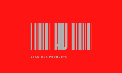 Premade barcode logo initials monogram  silver modern bar code on red background