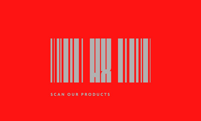 Premade barcode logo initials monogram  silver modern bar code on red background