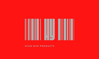 Premade barcode logo initials monogram  silver modern bar code on red background