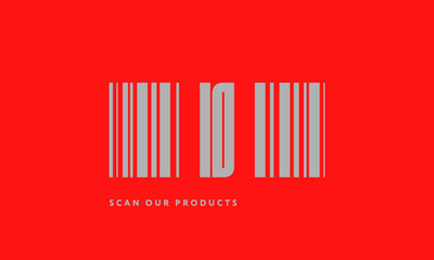 Premade barcode logo initials monogram  silver modern bar code on red background