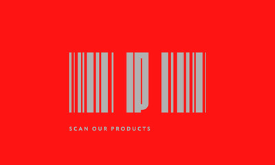 Premade barcode logo initials monogram  silver modern bar code on red background