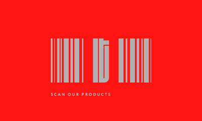 Premade barcode logo initials monogram  silver modern bar code on red background