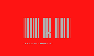 Premade barcode logo initials monogram  silver modern bar code on red background
