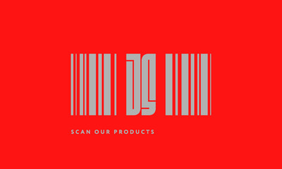 Premade barcode logo initials monogram  silver modern bar code on red background