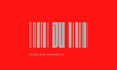 Premade barcode logo initials monogram  silver modern bar code on red background