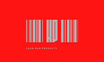 Premade barcode logo initials monogram  silver modern bar code on red background