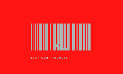 Premade barcode logo initials monogram  silver modern bar code on red background