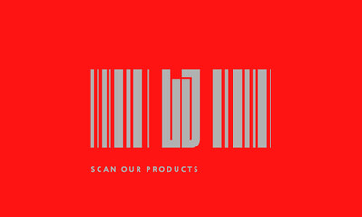 Premade barcode logo initials monogram  silver modern bar code on red background