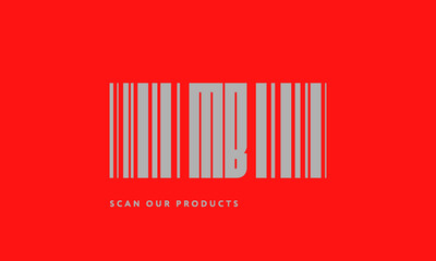 Premade barcode logo initials monogram  silver modern bar code on red background