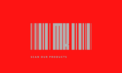 Premade barcode logo initials monogram  silver modern bar code on red background
