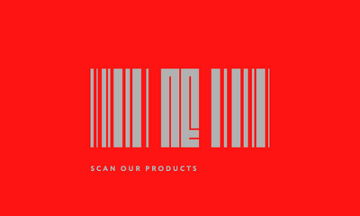 Premade barcode logo initials monogram  silver modern bar code on red background
