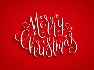 MERRY CHRISTMAS white vector brush calligraphy with snowflakes on red background