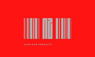 Premade barcode logo initials monogram  silver modern bar code on red background