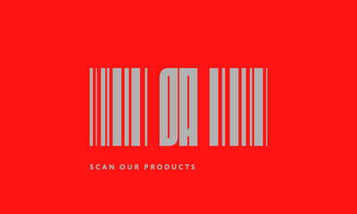 Premade barcode logo initials monogram  silver modern bar code on red background