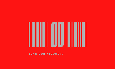 Premade barcode logo initials monogram  silver modern bar code on red background