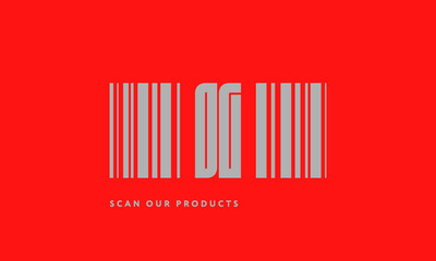 Premade barcode logo initials monogram  silver modern bar code on red background