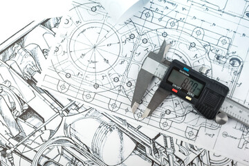 Precise measuring device. Caliper. It lies on the plans and technical drawings