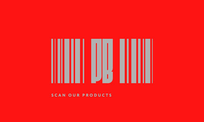 Premade barcode logo initials monogram  silver modern bar code on red background