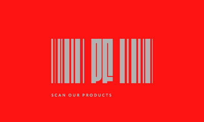 Premade barcode logo initials monogram  silver modern bar code on red background