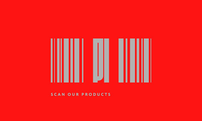 Premade barcode logo initials monogram  silver modern bar code on red background