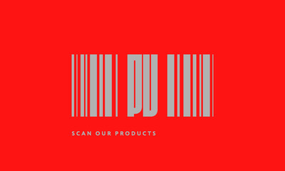 Premade barcode logo initials monogram  silver modern bar code on red background
