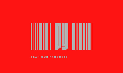 Premade barcode logo initials monogram  silver modern bar code on red background