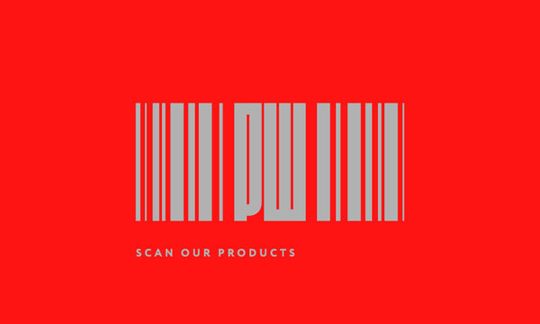 Premade barcode logo initials monogram  silver modern bar code on red background