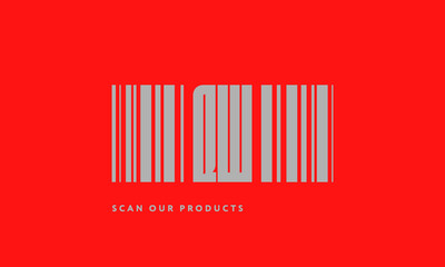 Premade barcode logo initials monogram  silver modern bar code on red background