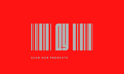 Premade barcode logo initials monogram  silver modern bar code on red background