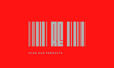 Premade barcode logo initials monogram  silver modern bar code on red background