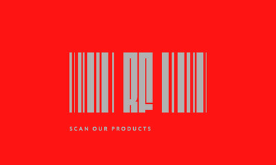 Premade barcode logo initials monogram  silver modern bar code on red background