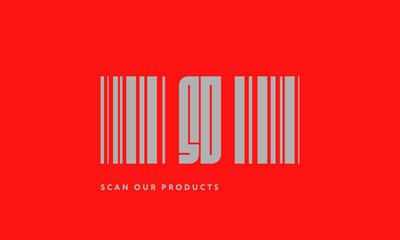 Premade barcode logo initials monogram  silver modern bar code on red background