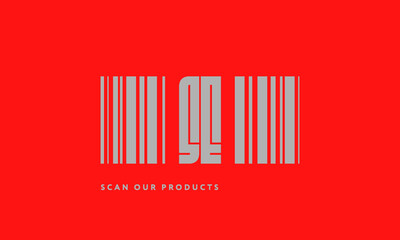 Premade barcode logo initials monogram  silver modern bar code on red background