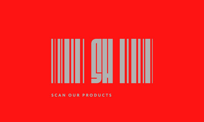 Premade barcode logo initials monogram  silver modern bar code on red background