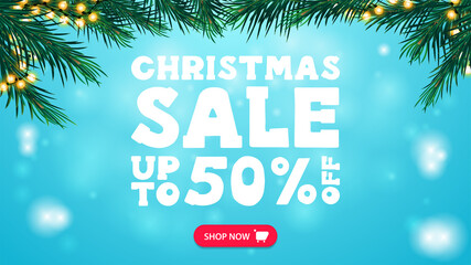 Christmas sale, up to 50% off, blue discount banner with frame of Christmas tree branches decorated with garland, button and large white offer