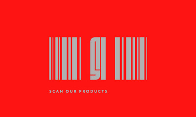 Premade barcode logo initials monogram  silver modern bar code on red background