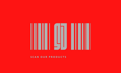 Premade barcode logo initials monogram  silver modern bar code on red background