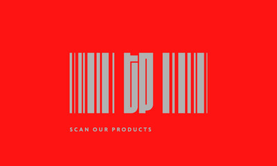 Premade barcode logo initials monogram  silver modern bar code on red background