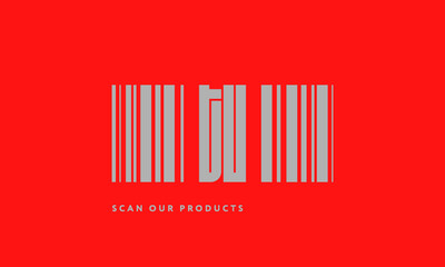 Premade barcode logo initials monogram  silver modern bar code on red background