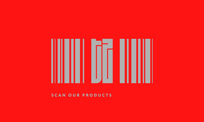 Premade barcode logo initials monogram  silver modern bar code on red background