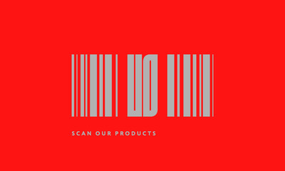 Premade barcode logo initials monogram  silver modern bar code on red background