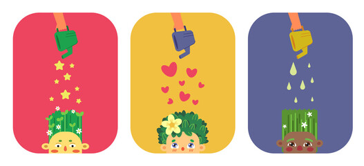 Concept of healthy and safe hair and scalp care, suitable for children. Children of different races in the barbershop. Characters have grass growing on their heads. A care product is applied on top. © Yulya i Kot