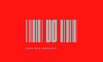 Premade barcode logo initials monogram  silver modern bar code on red background