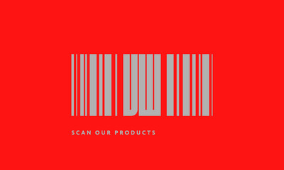 Premade barcode logo initials monogram  silver modern bar code on red background