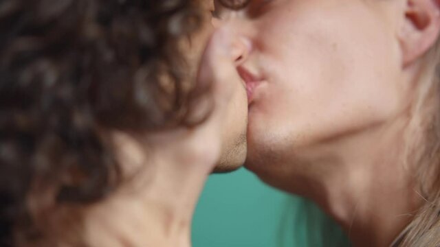 Romantic hot male same-sex couple enjoying passionate kiss