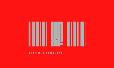 Premade barcode logo initials monogram  silver modern bar code on red background