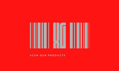 Premade barcode logo initials monogram  silver modern bar code on red background