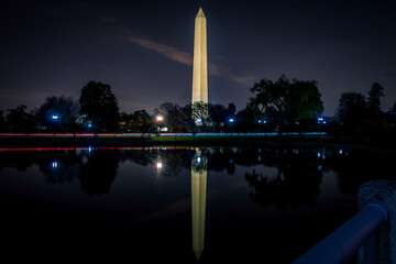 Long Exposure of Washington Monument with reflection on water at night in the District of Columbia